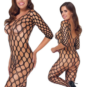 Czarny bodystocking Catsuit Fantasy z otwartym krokiem i długim rękawem