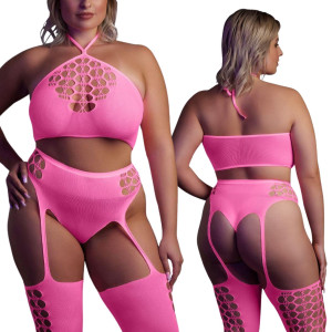 Różowy bodystocking Ouch wiązany z ozdobnymi wzorami świecący w ciemności