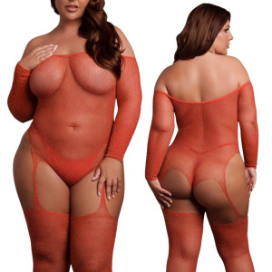 Czerwony Bodystocking z delikatnej siateczki Plus Size