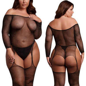 Czarny Bodystocking z delikatnej siateczki Plus Size
