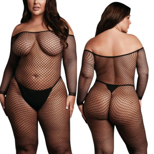 Czarny bodystocking z prześwitującą siateczką plus size