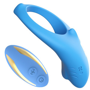 Boss Series Shark light blue (with remote) - Pierścień na penisa z wibracjami + pilot, Niebieski