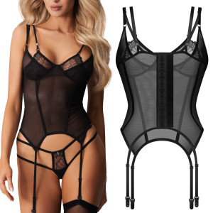 Czarny gorset z fiszbinami Arrowel Black z prześwitującego materiału z stringami