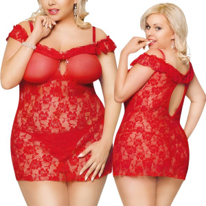 Czerwona koronkowa koszulka Veronica Plus Size prześwitująca z falbankami na ramiączka
