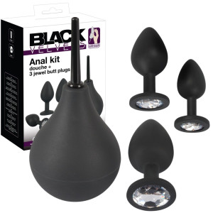 Zestaw do zabaw analnych - 3 korki z diamencikami i lewatywa - Black Velvets