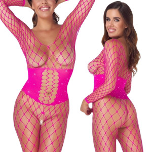Różowy bodystocking Catsuit pink Fantasy z otwartym krokiem