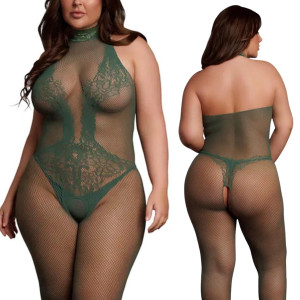 Bodystocking z delikatnej siateczki i koronki z otwartym kroczem, prześwitujące Zielone