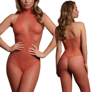 Bodystocking siateczkowy z otwartym krokiem - wykończony koronką, prześwitujący - Czerwony