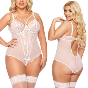 Body z otwartym kroczem - Amanda - koronkowe z ozdobnymi paskami, Białe