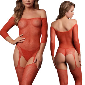 Bodystocking z długim rękawem z prześwitującej siateczki, błyszczące złotym brokatem, Czerwone