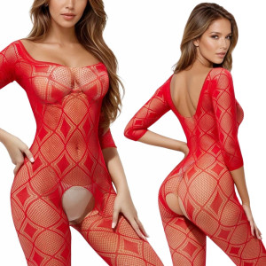 Bodystocking siateczkowe 2037 z otwartym kroczem, Czerwone