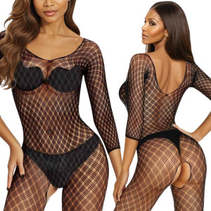 Bodystocking siateczkowe - 2048 - prześwitujące, długi rękaw, Czarne