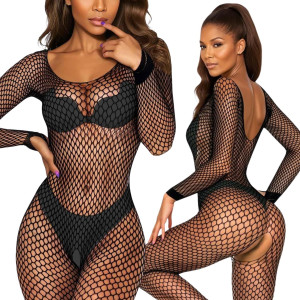 Bodystocking siateczkowe 2061 z otwartym krokiem, prześwitujące, Czarne