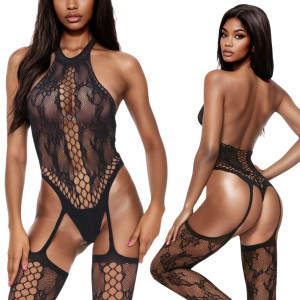 Bodystocking koronkowy z delikatną siateczką i wycięciami, prześwitujący materiał, Czarny