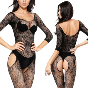 Bodystocking koronkowy z otwartym kroczem, prześwitujący, krótki rękaw, Czarny