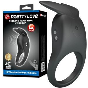Wibrujący pierścień erekcyjny - Carlton - ze stymulującymi uszkami, USB Czarny Pretty Love