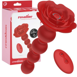Wibrujący korek analny z różyczką - ROSALINE - rotacyjny, na pilota, USB Czerwony -CRUSHIOUS