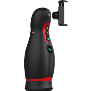 Masturbator z funkcją podgrzewania + uchwyt na telefon - USB, Czarny - Teazers