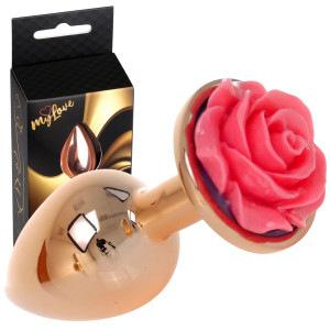 Korek analny z różową różą - Stal nierdzewna - Złoty - MyLove Toys