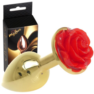 Korek analny z czerwoną różą - Stal nierdzewna - Złoty - MyLove Toys