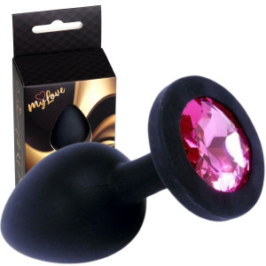 Korek analny z różowym diamencikiem rozmiar M - Czarny , Silikonowy - MyLove Toys
