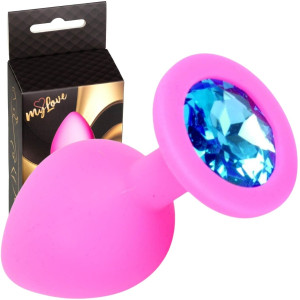 Korek analny z niebieskim diamencikiem rozmiar M - Różowy, Silikonowy - MyLove Toys