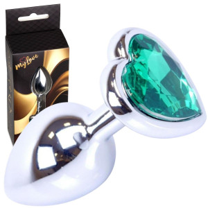 Korek analny z zielonym diamencikiem w kształcie serca - Stal Nierdzewna, Srebrny - MyLove Toys
