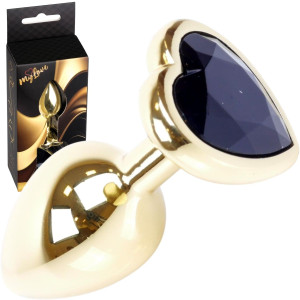 Korek analny z czarnym diamencikiem w kształcie serca - Stal nierdzewna - Złoty - MyLove Toys