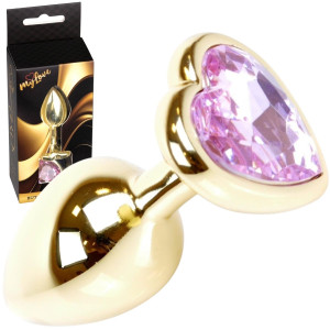 Korek analny z różowym diamencikiem w kształcie serca - Stal nierdzewna - Złoty - MyLove Toys