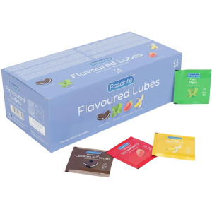 Zestaw lubrykantów smakowych - Flavoured Lube Sachets 5 ml x 144 sztuki - mięta, truskawka, ciastko, banan Pasante
