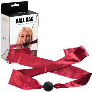 Silicone ball gag with satin straps.