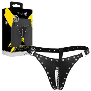 PU Leather Chastity Thong with Chain Detail - Black