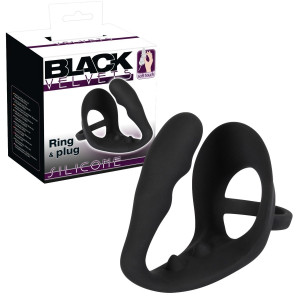 Black Velvets BV Ring Korek analny z nakładką na penisa, Czarny
