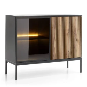 Komoda Royal Czarna Dąb wotan 104 cm pojemna przeszklona z oświetleniem LED