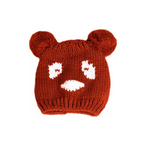 Pomarańczowa czapka panda z buźką pompony ciepła
