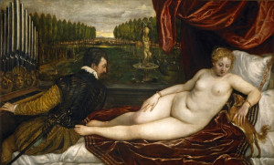 Reprodukcja Venus and organist and little dog - Tycjan