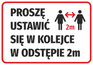 Naklejka BHP Proszę ustawić się w kolejce w odstępie 2m