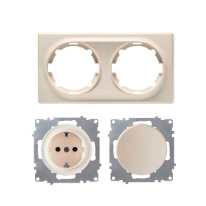 ONEKEYELECTRO Plaque 2 postes Florence + 1 Interrupteur simple allumage + 1 Prise avec terre-"Beige"