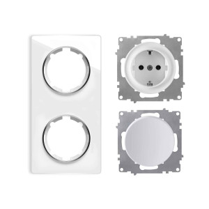 ONEKEYELECTRO Plaque 2 postes Garda, verticale + 1 Interrupteur simple allumage + 1 Prise avec terre-"Blanc"