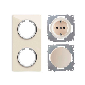 ONEKEYELECTRO Plaque 2 postes Garda, verticale + 1 Interrupteur simple allumage + 1 Prise avec terre-"Beige"