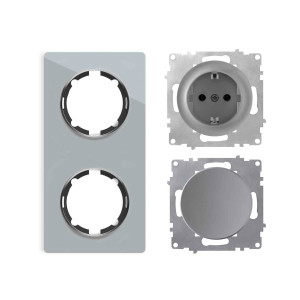 ONEKEYELECTRO Plaque 2 postes Garda, verticale + 1 Interrupteur simple allumage + 1 Prise avec terre-"Gris"