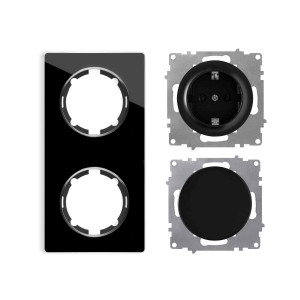 ONEKEYELECTRO Plaque 2 postes Garda, verticale + 1 Interrupteur simple allumage + 1 Prise avec terre-"Noir"