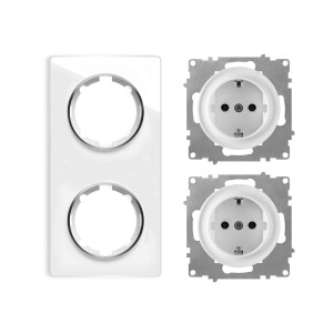 ONEKEYELECTRO Plaque 2 postes Garda, verticale + 2 Prises avec terre-"Blanc"