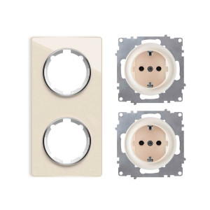 ONEKEYELECTRO Plaque 2 postes Garda, verticale + 2 Prises avec terre-"Beige"