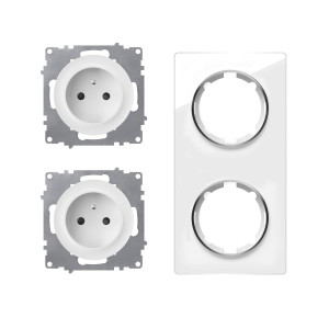 WARMON Double prise de courant avec terre 16A   ensemble complet   cadre de finition en verre   série Garda   vertical   blanc