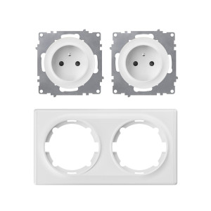WARMON Double prise de courant avec terre 16A   ensemble complet   cadre de finition plastique   série Florence   horizontal   blanc