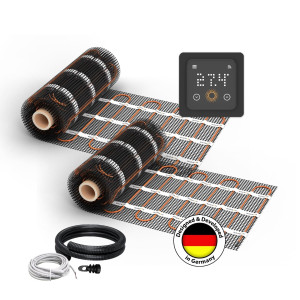2x Nattes de chauffage au sol WARMON ULTRA 200 W/m² (6+4 m²) + Thermostat TS500 WiFi avec Détection de Présence, noir - 10 m²