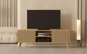 Große moderne TV-Lowboard / TV-Kommode 180 cm mit Fronten aus Eichenlamellen