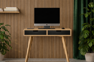 Holzschreibtisch 90x50 cm mit schwarzen Schubladen