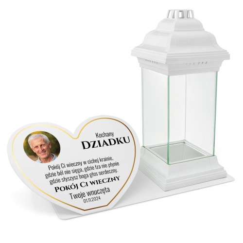 Lampion i podstawka pod znicz biała z nadrukiem zdjęcia dla dziadka